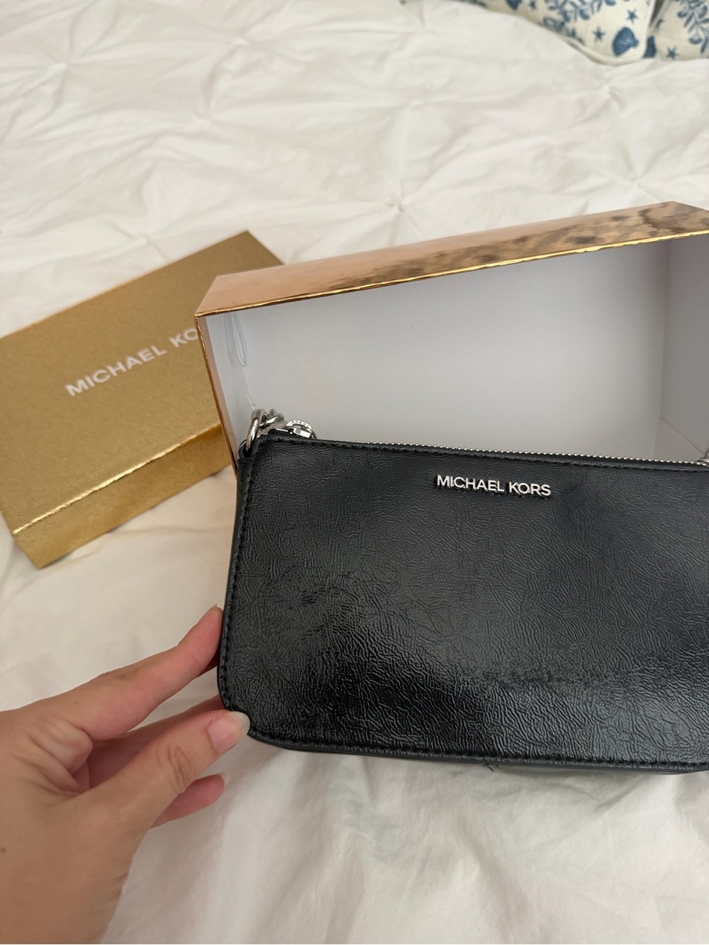 Michael Kors Black Leather Wristlet Pouch with Silver Hardware
